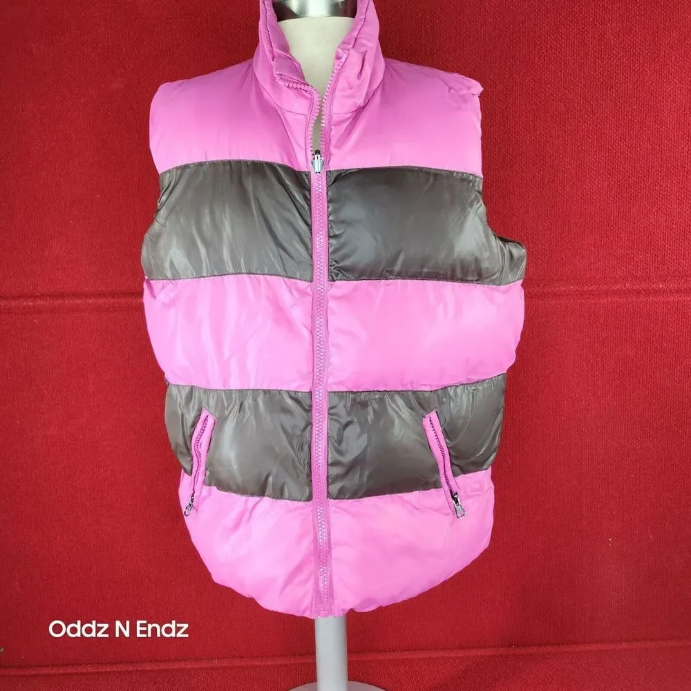 The Childrens Place Pink‎ & Brown Striped Puffer Vest L 10/12